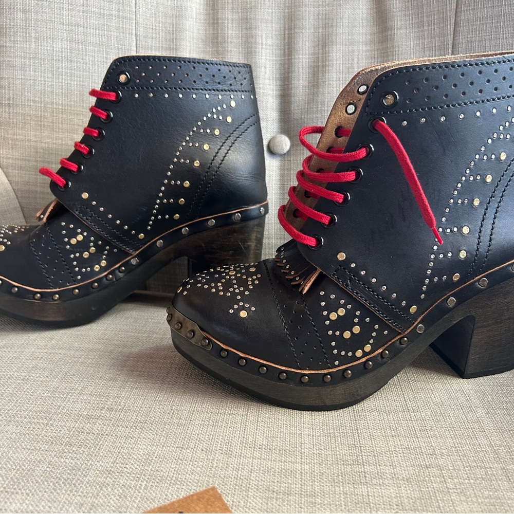 Burberry Studded Black Ankle Boots with Red Laces